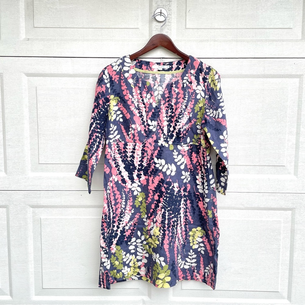 Boden Womens Dress Blue Pink Multi Floral Linen Split V Neck 3/4 Sleeve Size 10